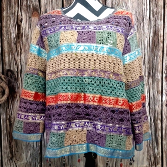 Vintage 90's Boho Patchwork Beaded Accents Sz L Relaxed Artisan Crochet Sweater - Picture 1 of 12